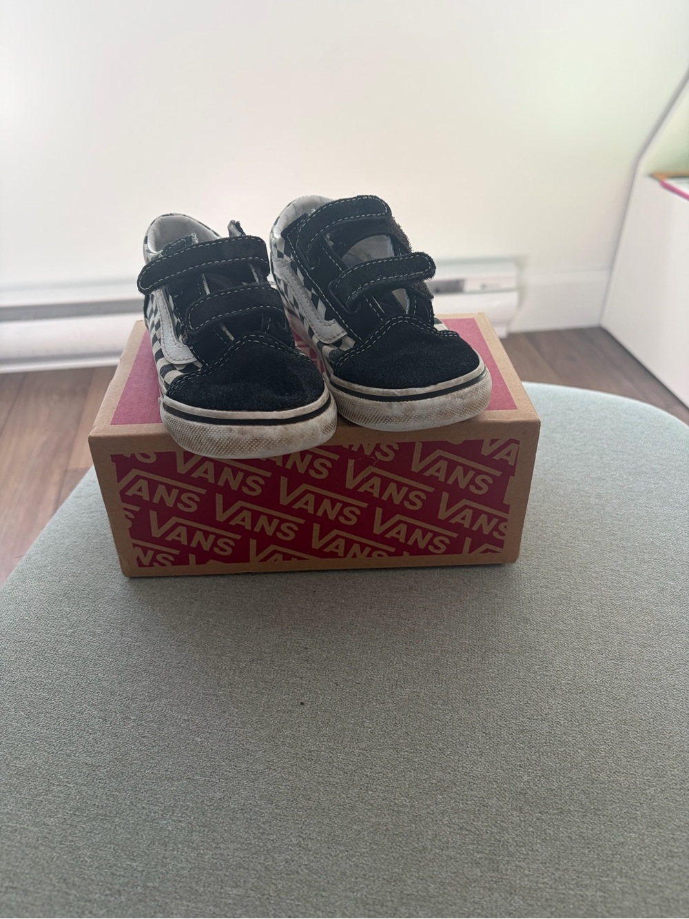 Vans Kids Black and White Checker Slip-On Style Velcro Sneakers